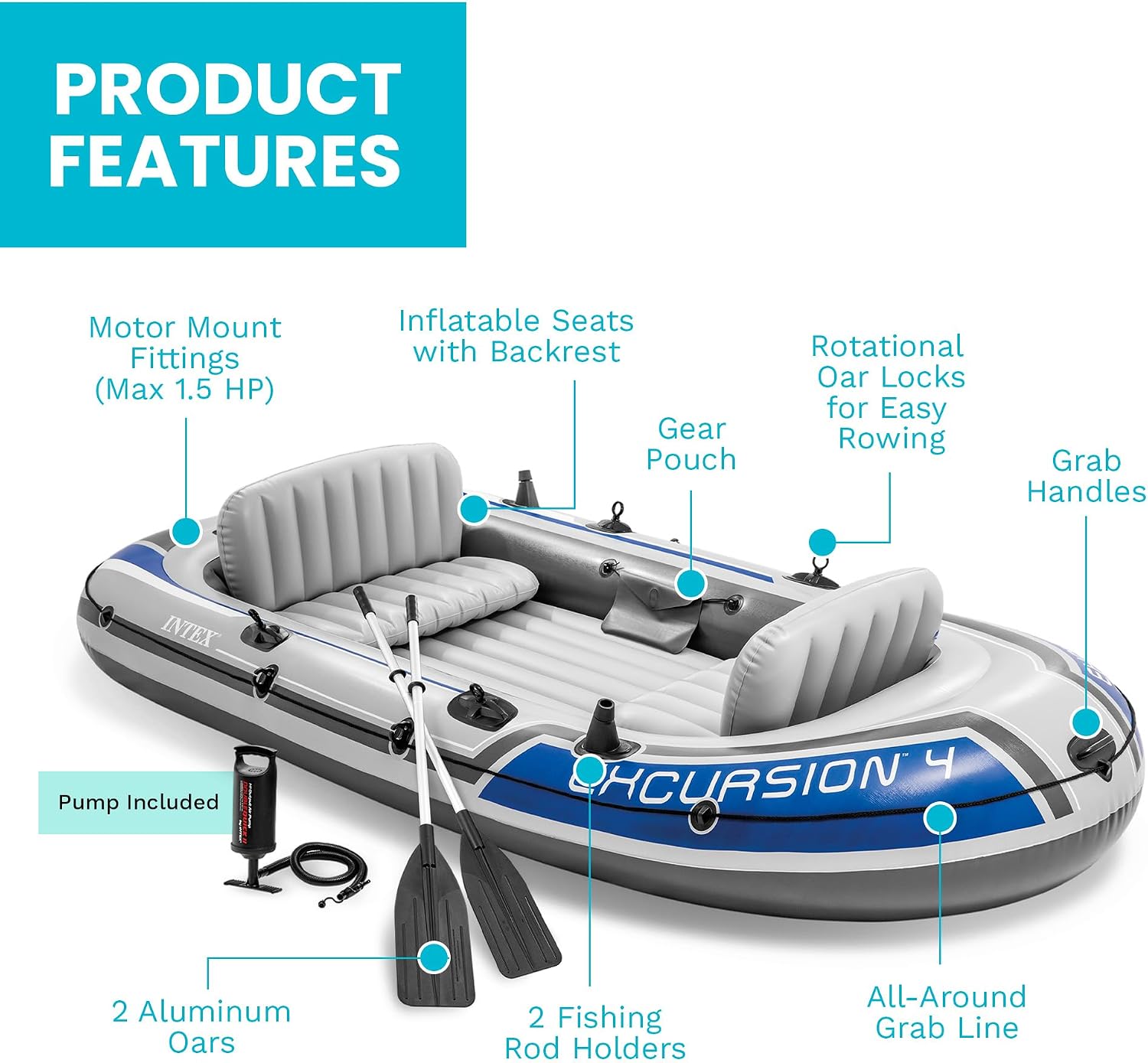Intex 68324EP Excursion 4 Inflatable Boat Set: Includes Deluxe 54in Boat Oars and High-Output Pump – Adjustable Seats with Backrest – Fishing Rod Holders – 4-Person – 1100lb Weight Capacity