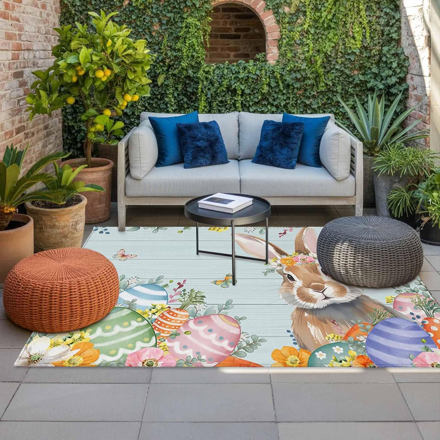 Easter Bunny Outdoor Rug for Patio/Deck/Porch, Non-Slip Large Area Rug 4 x 6 Ft, Colorful Easter Eggs Eucalyptus Teal Wooden Indoor Outdoor Rugs Washable Area Rugs, Camping Rug Carpet Runner