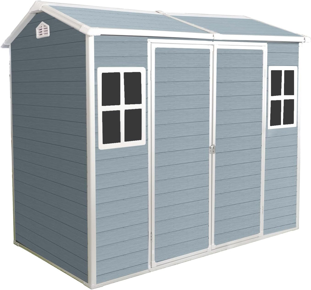 8x4ft Resin Outdoor Storage Shed: Double Doors & Two Windows, Heavy-Duty Plastic Shed with Floor, Waterproof UV-Proof Garden Tool Storage for Backyard, Patio, Yard, Lawn