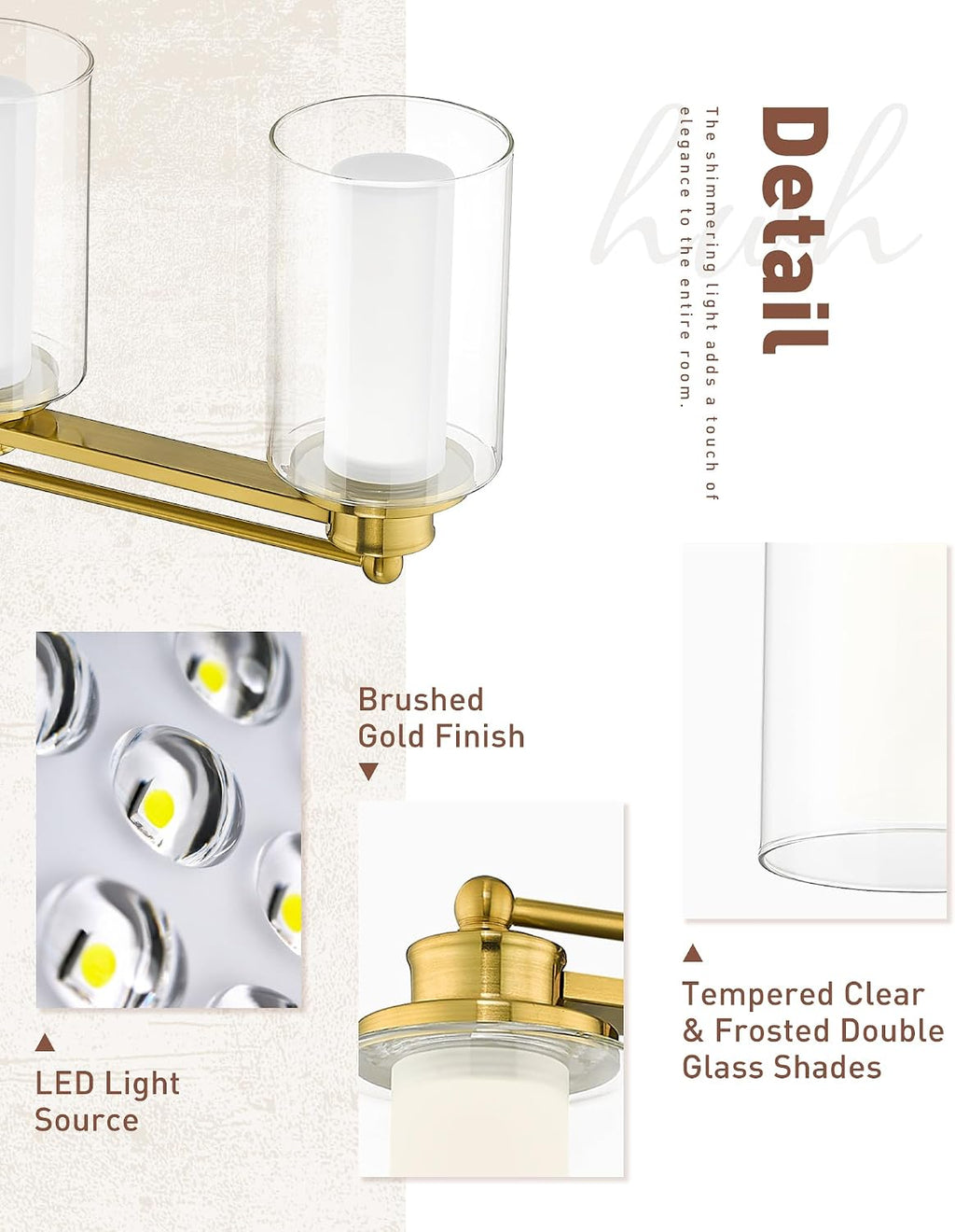 5 Light Vanity Light, HWH Brushed Gold Bathroom Light Fixtures Modern Vanity Lights Over Mirror with Clear Glass, 30W 5CCT Dimmable LED Vanity Lights for Bathroom, 5HLT63B-5W-LED BG