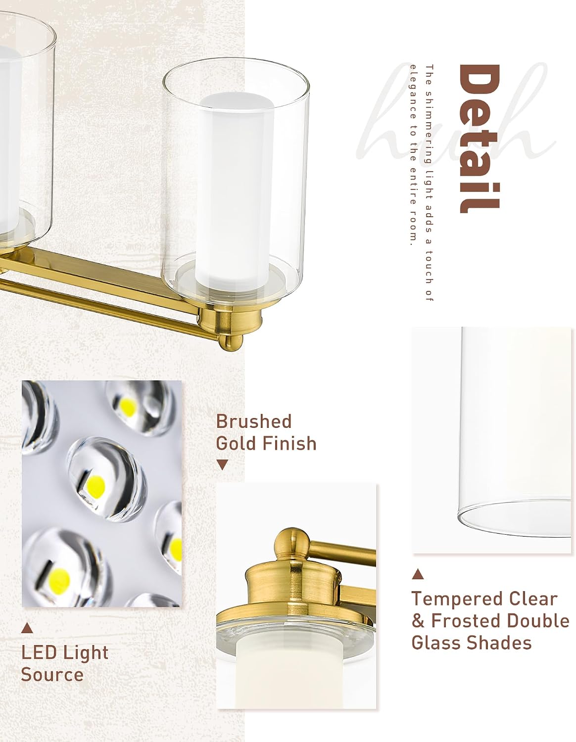 5 Light Vanity Light, HWH Brushed Gold Bathroom Light Fixtures Modern Vanity Lights Over Mirror with Clear Glass, 30W 5CCT Dimmable LED Vanity Lights for Bathroom, 5HLT63B-5W-LED BG