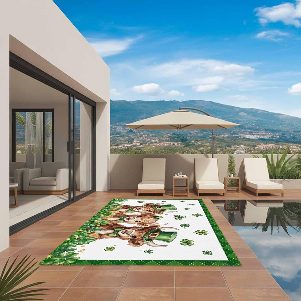 St. Patrick's Day Outdoor Rug for Patio/Deck/Porch, Non-Slip Large Area Rug 4 x 6 Ft, Cute Highland Cow Shamrock Gold Coin Green Indoor Outdoor Rugs Washable Area Rugs, Camping Rug Carpet Runner