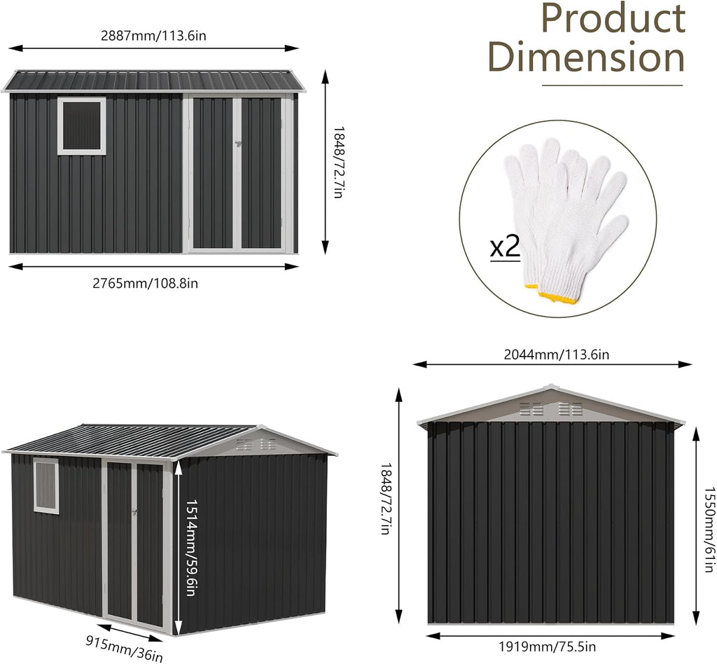 KEIKI 9x6 FT Metal Storage Shed with Window, Large Outdoor Backyard Shed for Tools & Equipment, Durable Galvanized Steel Garden Shed for Patio or Tiny House Use, Gray