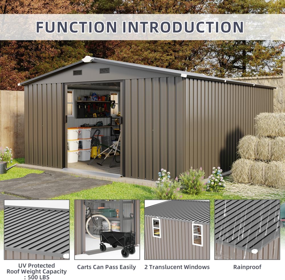 10x12 FT Outdoor Storage Shed with Floor Included and Two Daylight Windows, Large Metal Garden Shed for Backyard Organization (Brown)