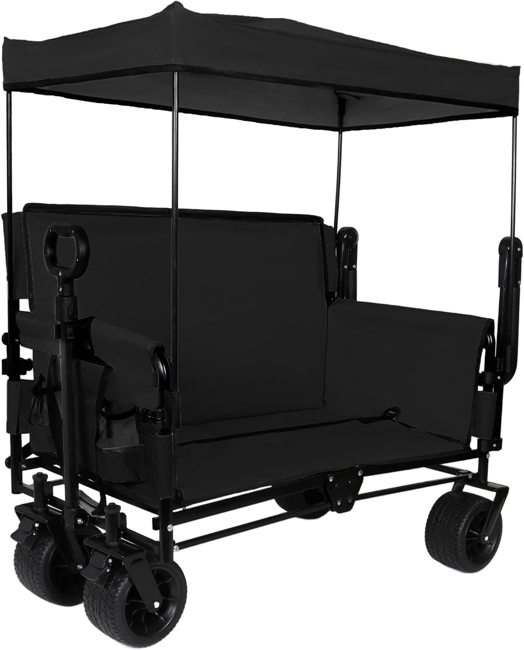 ZeHuoGe 3-in-1 Folding Wagon Cart with Bench Seat & Canopy & Storage, 500lbs Heavy-Duty, 180L Capacity, All-Terrain Wagon for Camping, Beach, Sports, & Garden (Black)