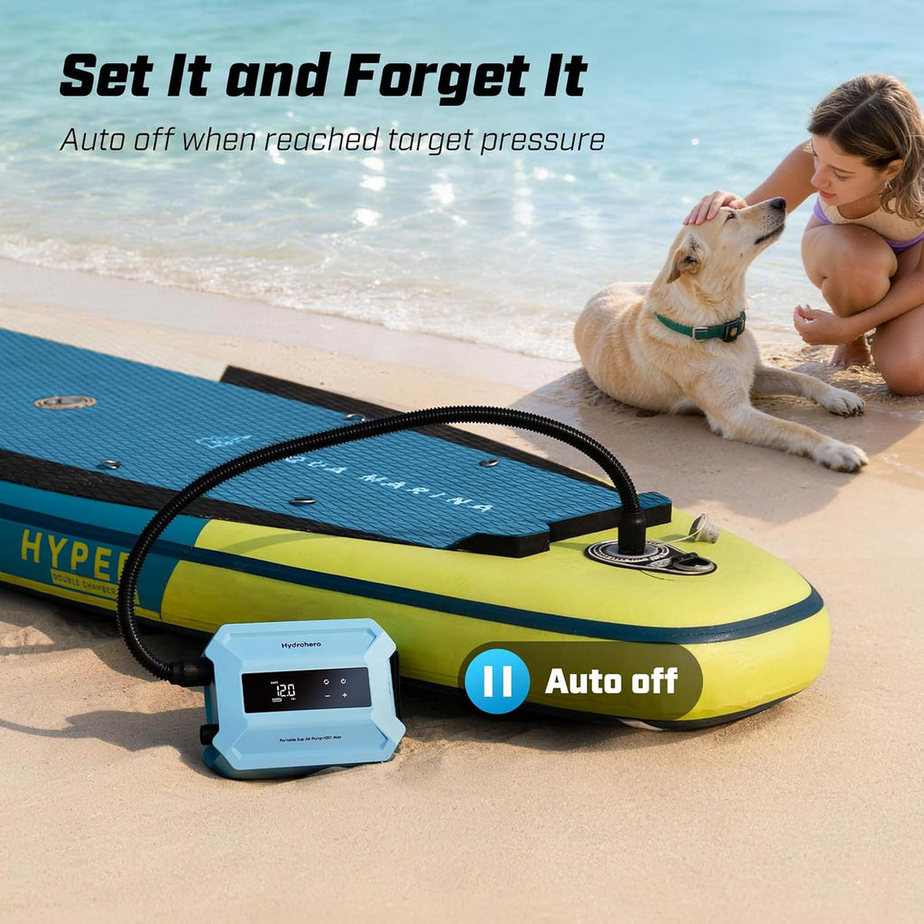 Hydrohero Rechargeable Paddle Board Pump, Max 20PSI SUP Pump Electric Portable, Intelligent Dual Stage Inflation & Deflation, LED Display, Auto-Off for Paddleboards, Kayaks, Inflatable Boats, Tents