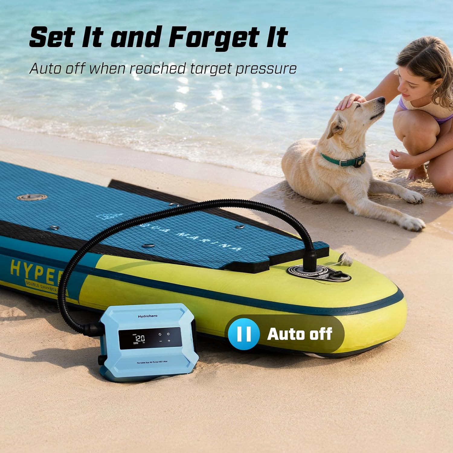 Hydrohero Rechargeable Paddle Board Pump, Max 20PSI SUP Pump Electric Portable, Intelligent Dual Stage Inflation & Deflation, LED Display, Auto-Off for Paddleboards, Kayaks, Inflatable Boats, Tents