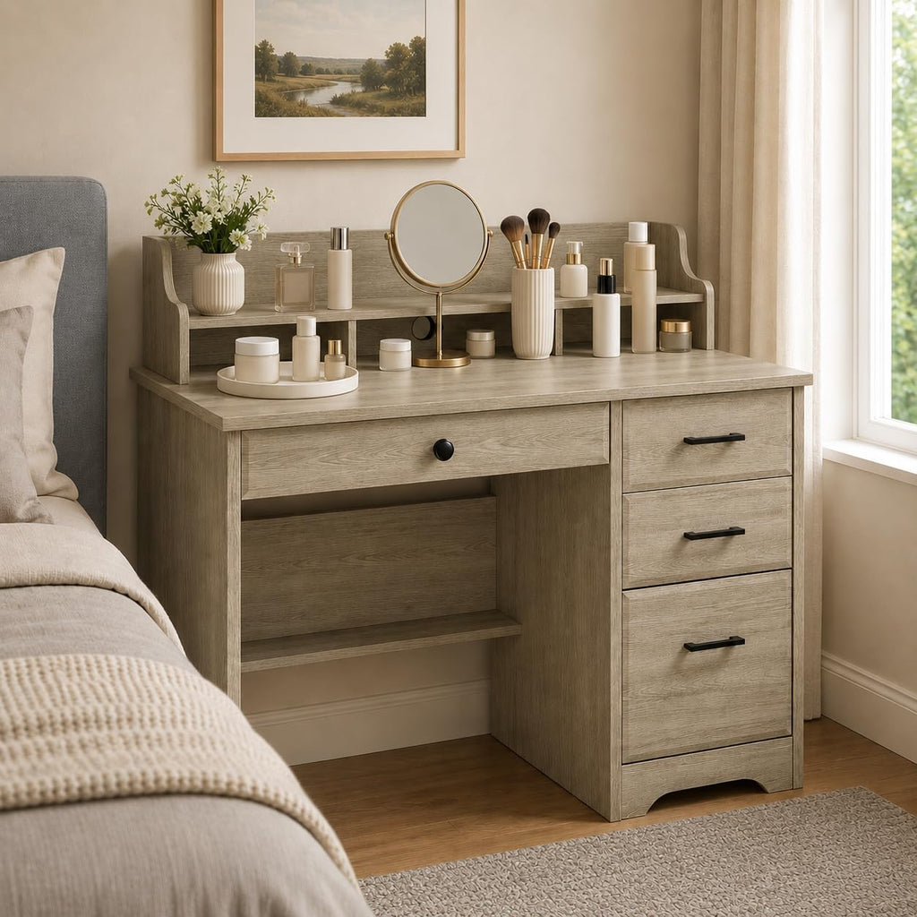 4 EVER WINNER Computer Desk with Drawers, Small Desk with Monitor Stand and File Drawer, Wood Desk with Storage, Writing Desk for Bedroom Home Offic, Grey