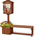 Wonderjune Little Library Box Outdoor with Bench & Planter DIY Paintable Lending free Library Solid Pine Wood Neighborhood Share Box Ground Mount Kit for Yard Garden Community School(Dark Brown)
