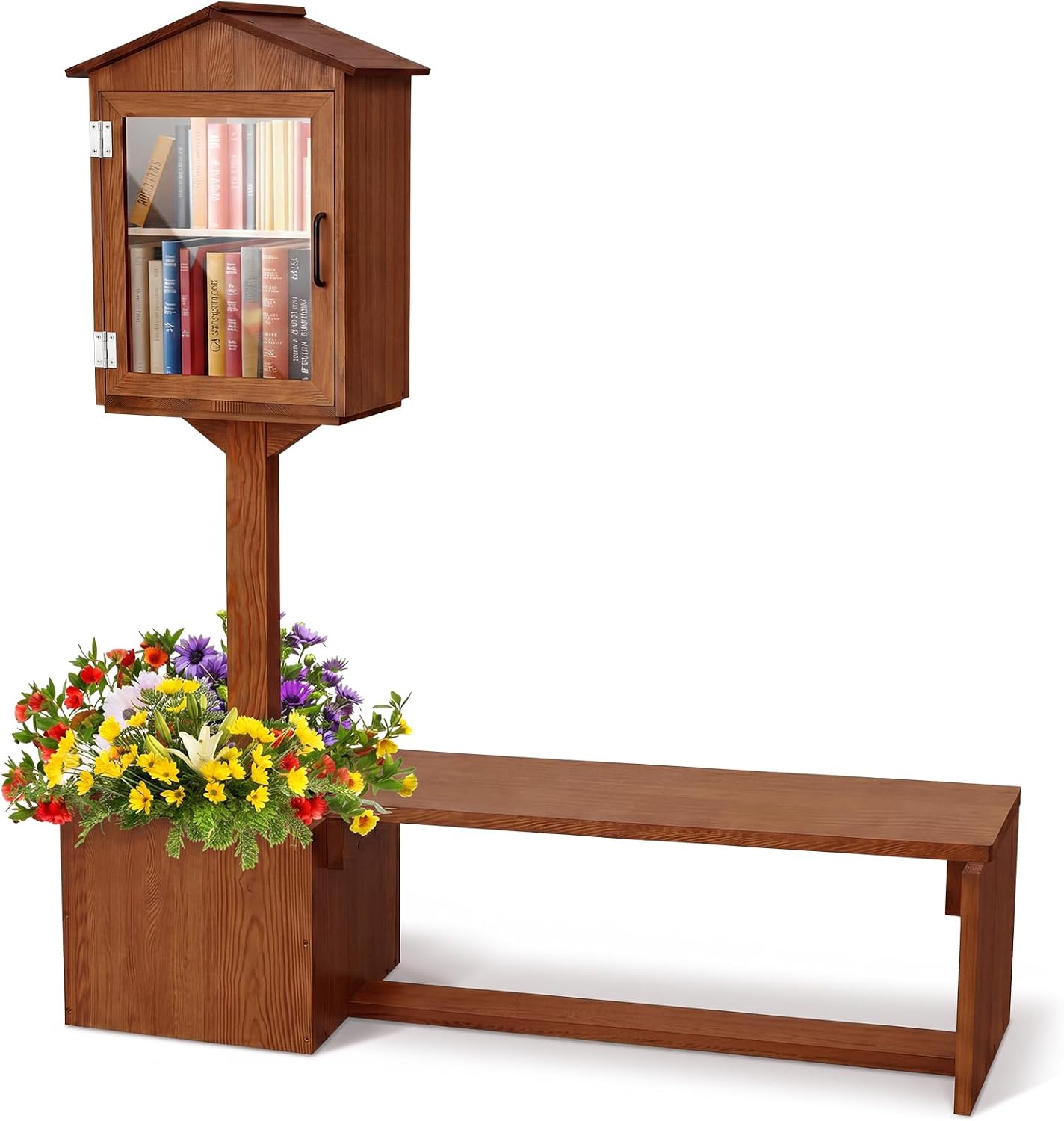 Wonderjune Little Library Box Outdoor with Bench & Planter DIY Paintable Lending free Library Solid Pine Wood Neighborhood Share Box Ground Mount Kit for Yard Garden Community School(Dark Brown)