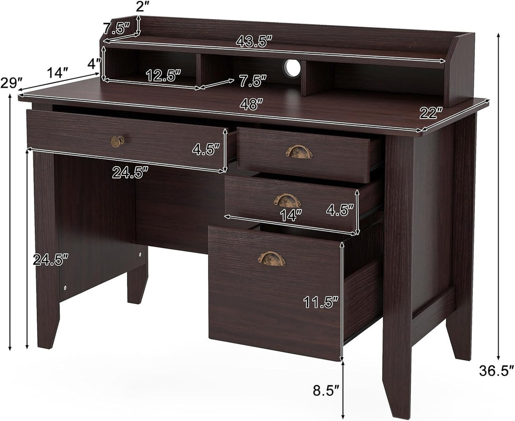 48' Vintage Computer Desk with 4 Storage Drawers & Top Hutch, Home Office Workstation with Drawer & Monitor Stand, Wooden Study Work Writing Table (Brown)