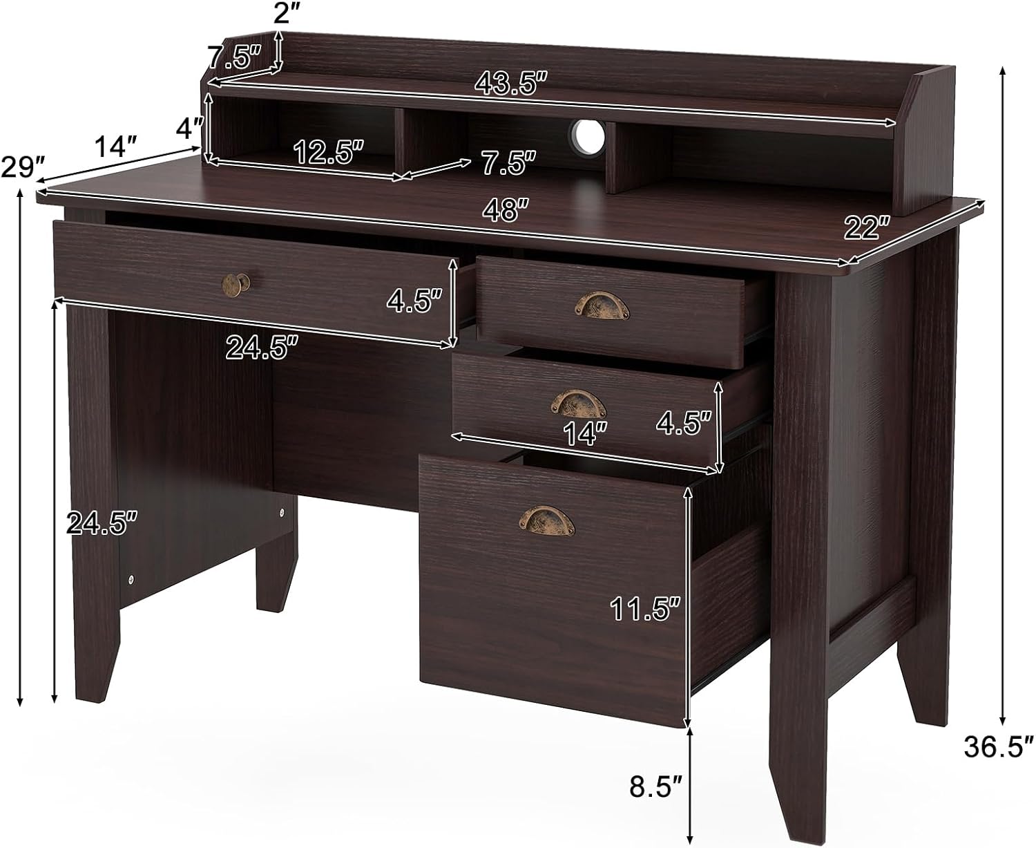 48' Vintage Computer Desk with 4 Storage Drawers & Top Hutch, Home Office Workstation with Drawer & Monitor Stand, Wooden Study Work Writing Table (Brown)