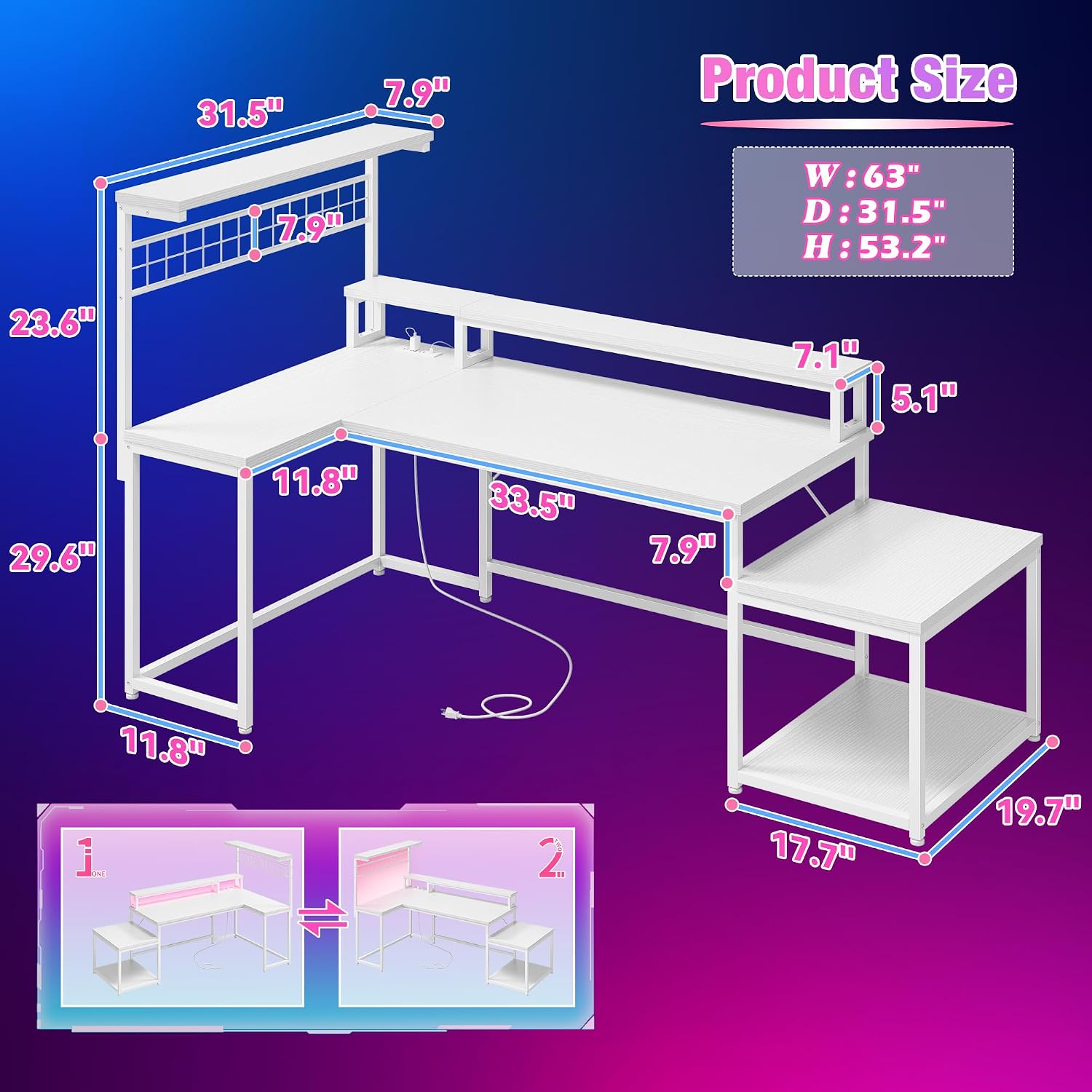 EnHomee 63' L Shaped Gaming Desk with LED Lights & Power Outlets,Reversible Corner Gaming Table with Storage Shelf & Hooks,Computer Desk with Monitor Stand & Print Stand for Bedroom,Home Office,White