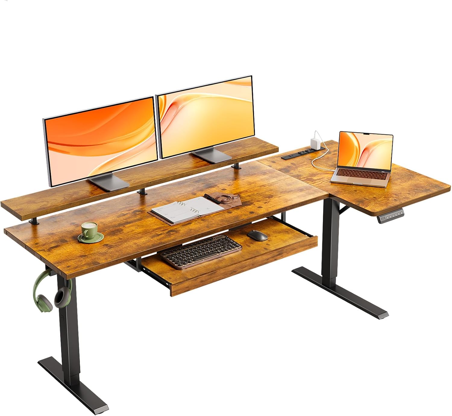 OffiGo 63 Inch Electric L Shaped Standing Desk with Keyboard Tray, Reversible Height Adjustable Corner Computer Desk with Monitor Stand, Sit Stand Up Lift Table for Home, Office, Rustic Brown