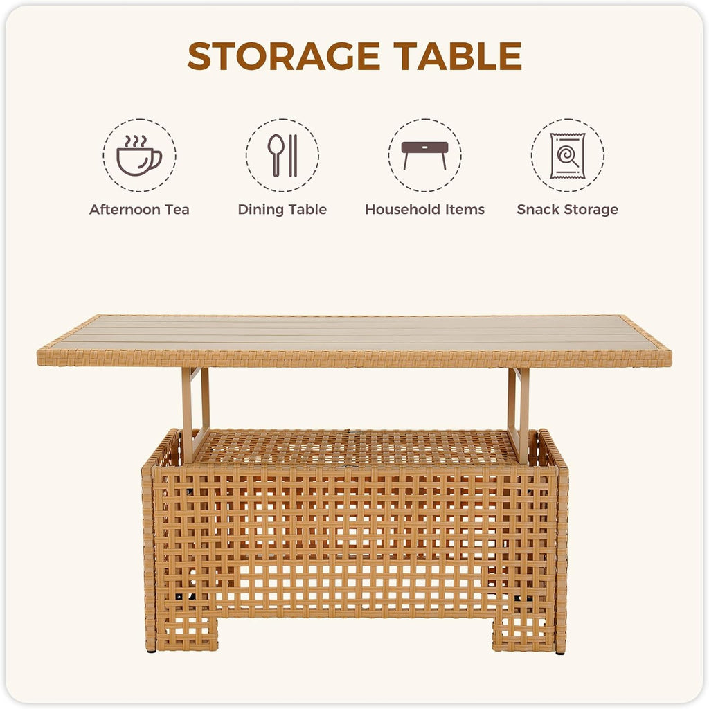 Grand patio Outdoor & Indoor Coffee Dining Table -Wicker Rattan, Adjustable Slat Lift Top, Picnic, Storage Shelf - Beige