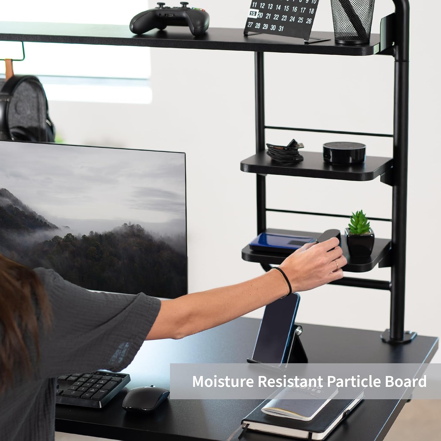 VIVO Clamp-on 50 inch Desktop Shelving System for Sit Stand Workstation, Raised Accessory Storage Shelves and Magnetic Memo Board Desk Organizer, Black, DESK-SHELF55A