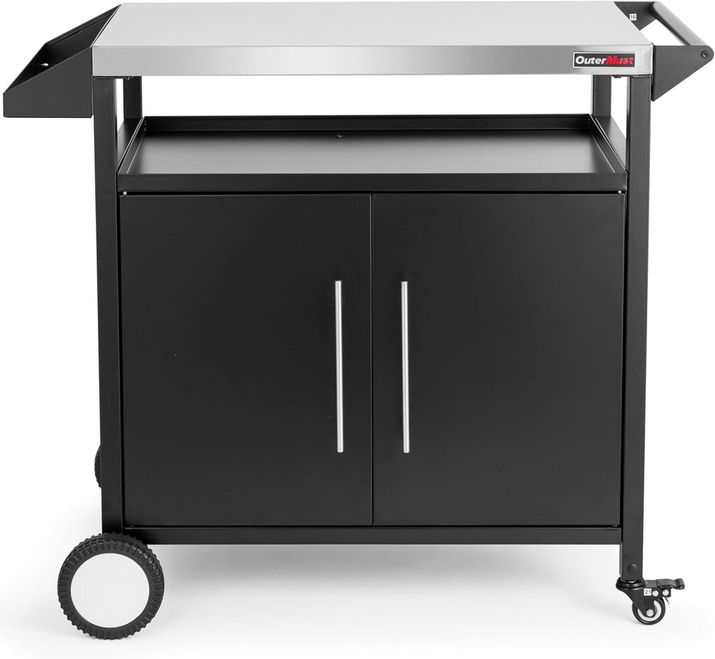 OuterMust Grill Table Outdoor Kitchen Cabinet, Moveable Outdoor Prep Table & Bar for Storage, Grilling and Pizza Oven, Multifunctional Silver & Black