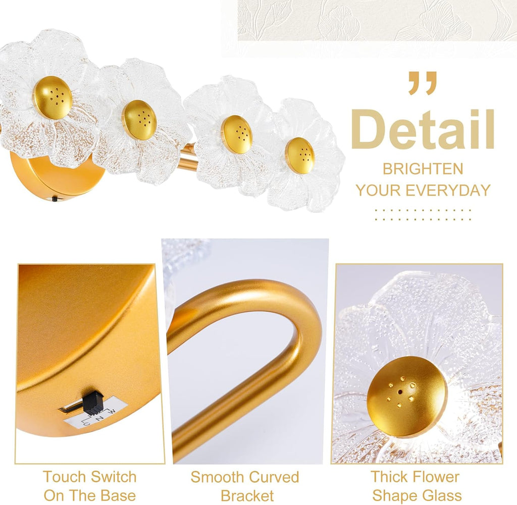 26.7' Gold Bathroom Light Fixtures 5 Light Floral Vanity Lights, 3-Color Dimmable Bathroom Vanity Light Elegant Led Wall Lights Cordless Wall Sconces for Decor,Bathroom,Livingroom
