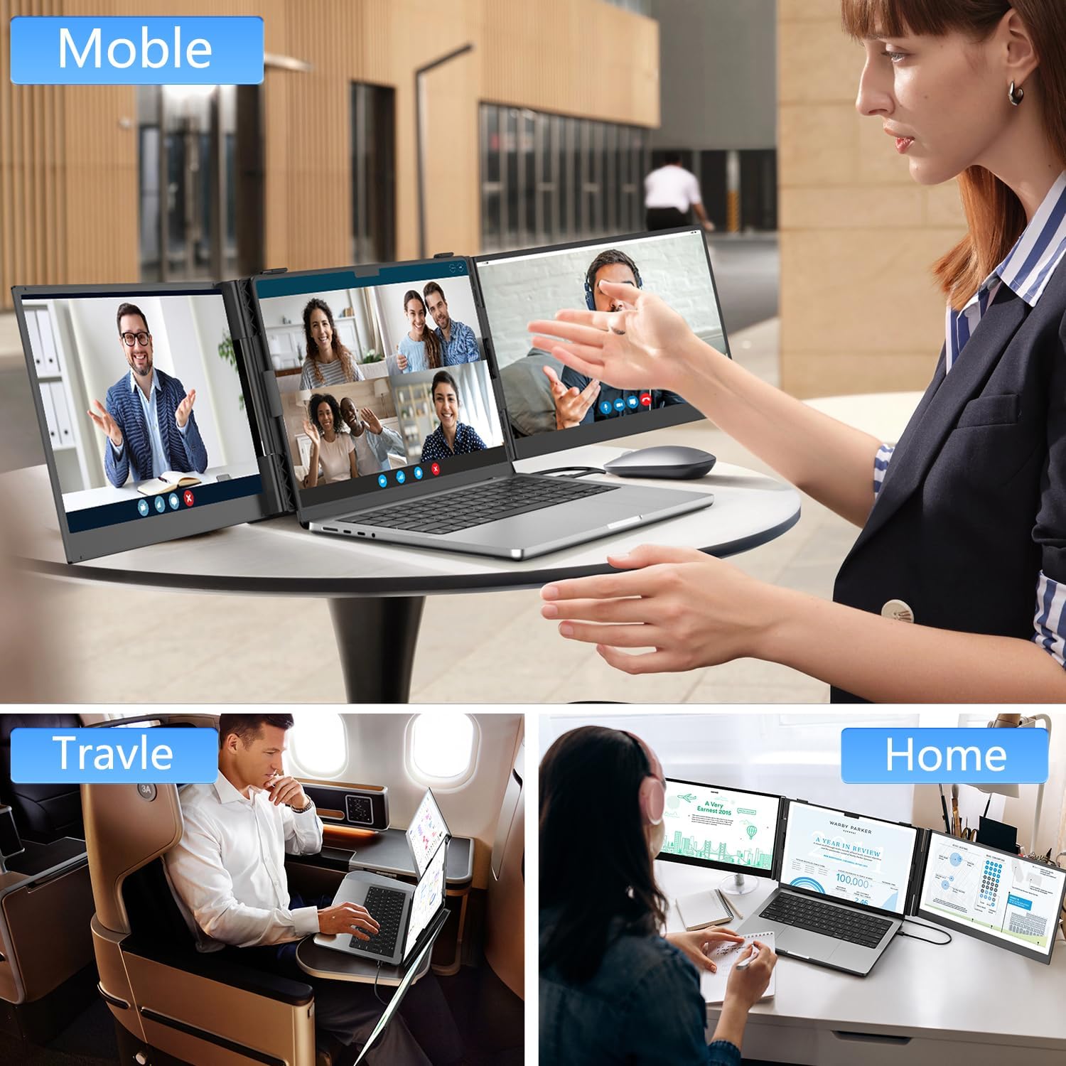 14.2' Triple Laptop Screen Extender, Ultra-Thin FHD 1080P IPS Portable Monitor for Laptop, Aluminum Alloy Tri-Screen Travel Monitor, Plug & Play for Windows/Mac/Chrome, Fits 13'-17.3' Laptops