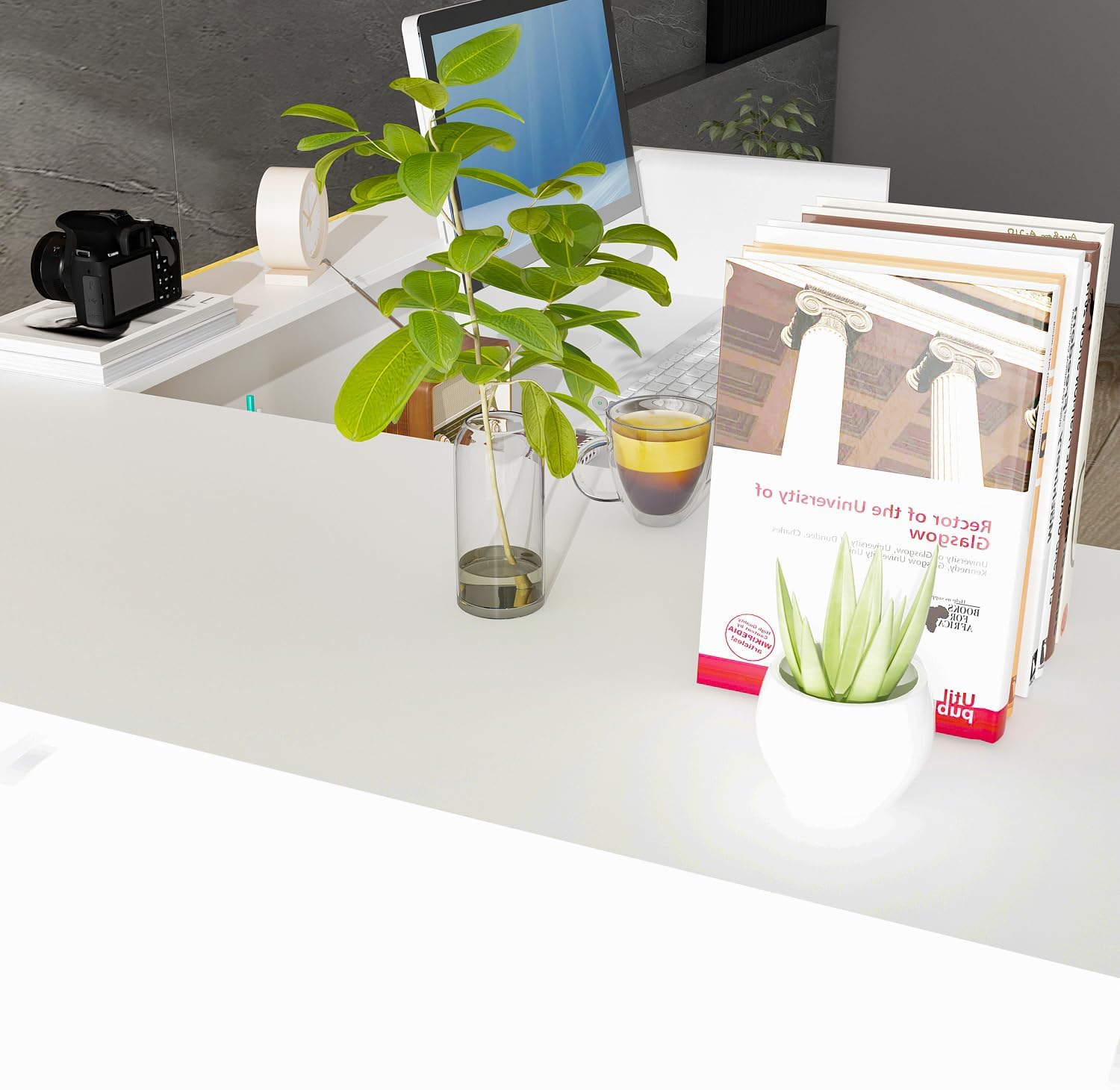 ECACAD 70.9' Large L-Shaped Reception Desk with 3 Drawers, 15 Open Shelves, Counter Top & Monitor Stand, Office Desk Reception Counter Table with File Cabinet, White