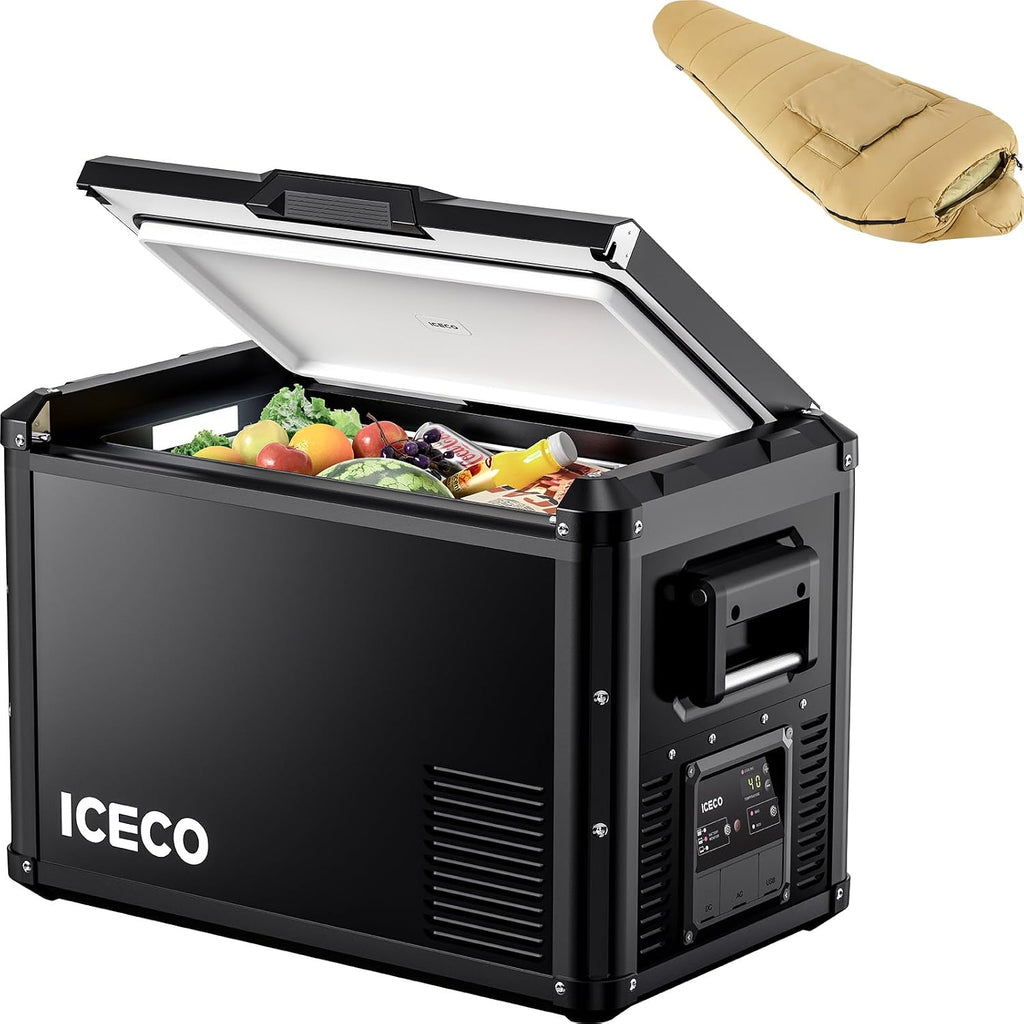 ICECO VL45 ProS Portable Refrigerator Multi-directional Lid, 47 Quart 12V Fridge Freezer with SECOP Compressor, Dual USB & DC 12/24V, AC 110-240V, 0℉-50℉, for Car, RV, Camping, With Mummy Sleeping Bag