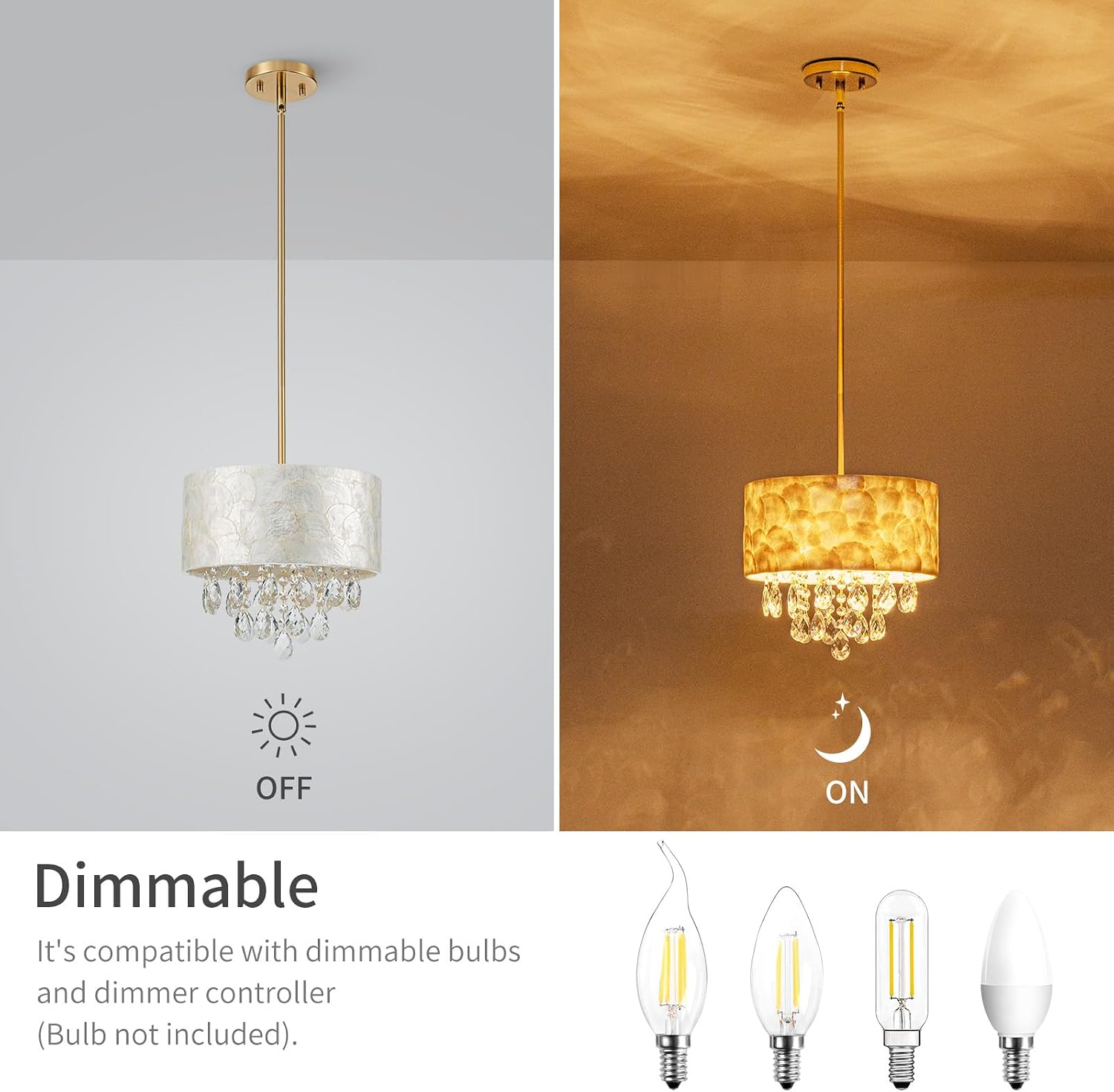 LumFurn D12in Drum Capiz Shell Crystal Chandeliers, 3-Light Coastal Pendant Light Fixture for Dining Room, Living Room, D12xH19~49'(Adjustable), K9 Crystal, Shell Lampshade & Brass Finish