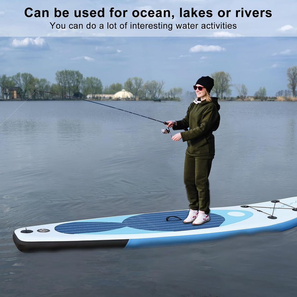 Inflatable Paddle Board for Adults, Camouflage Print Adult Paddleboard, Single Layer PVC Paddle Board with Carry Bag, Hand Pump, Retractable Propeller, Removable Fin Blue