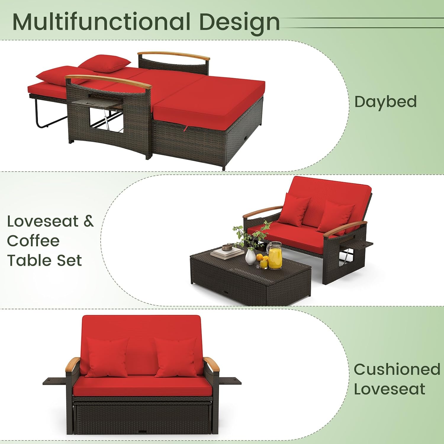 Tangkula Patio Rattan Daybed with 4-Level Adjustable Backrest, Outdoor Wicker Loveseat with Acacia Wood Armrest, Storage Ottoman & Folding Tray, Double Sunbed for Balcony, Backyard & Poolside, Red