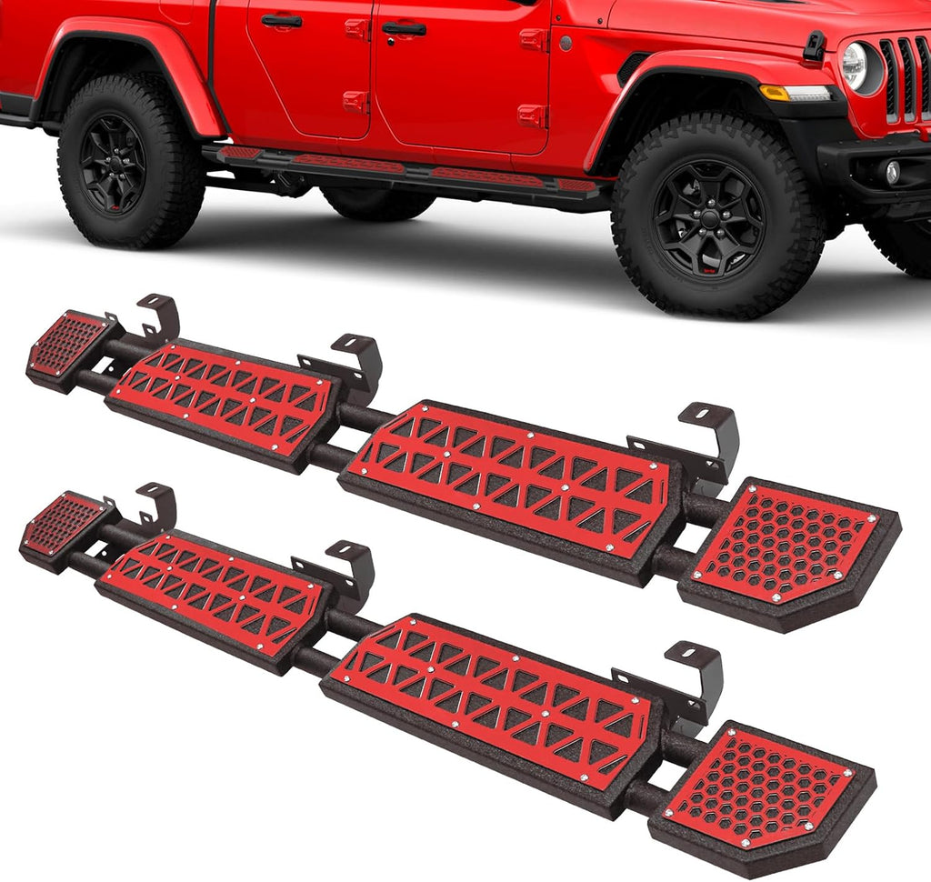 Red Running Boards fit for Jeep Gladiator JT 2020-2026 | side steps fit for JT 4 door 7 inch rock rail steps carbon steel rock sliders