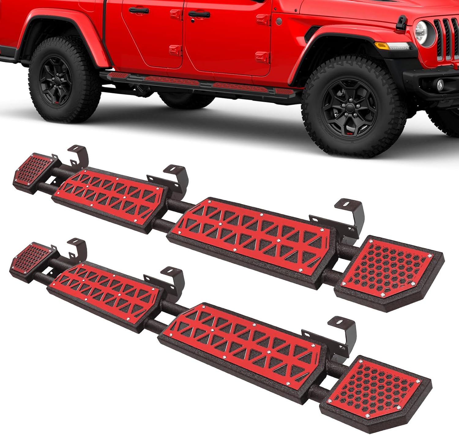 Red Running Boards fit for Jeep Gladiator JT 2020-2026 | side steps fit for JT 4 door 7 inch rock rail steps carbon steel rock sliders