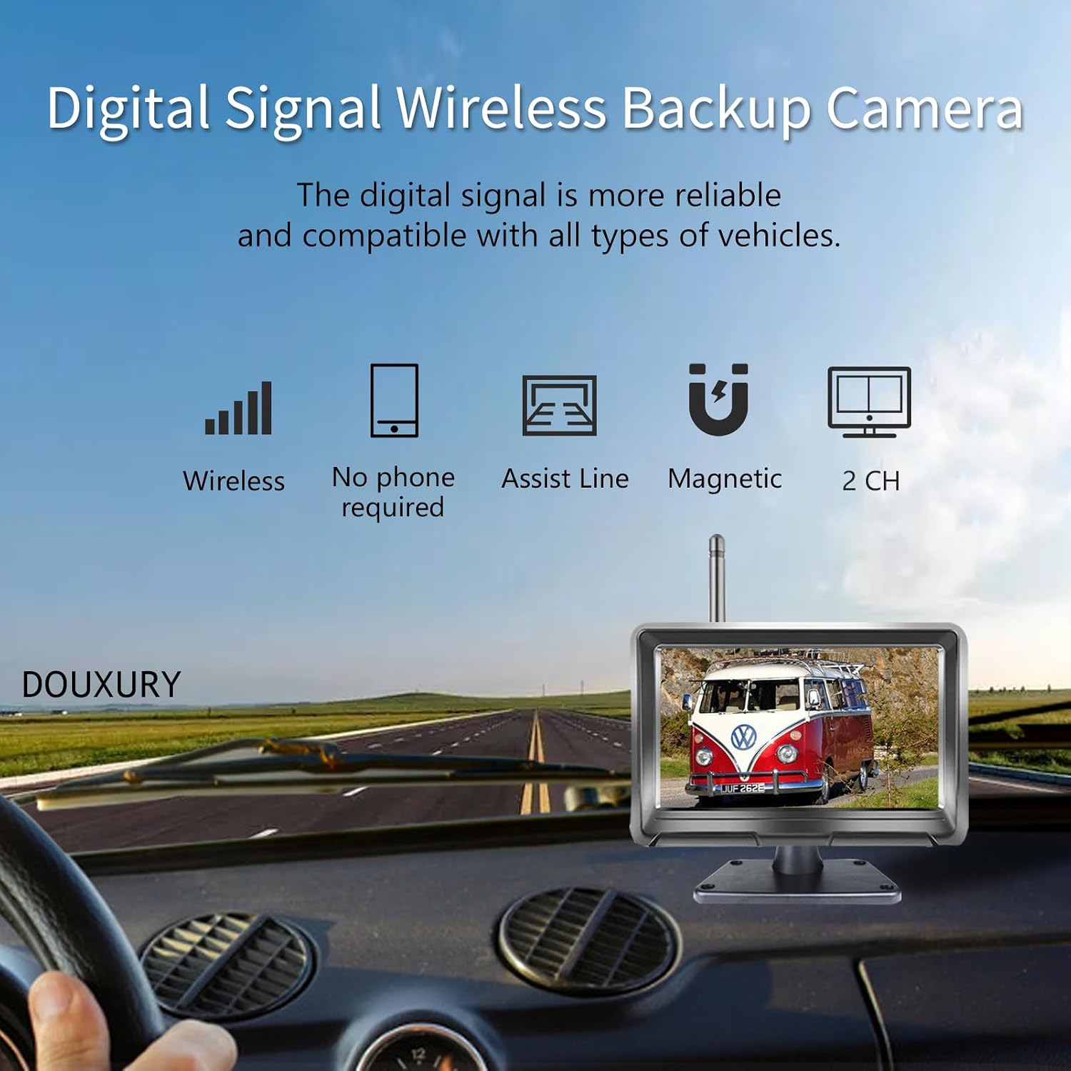 Wireless Backup Camera Solar Magnetic for RV Car Trailer Truck Camper 5th Wheels Hitch Towing No Wiring No Drilling Rechargeable Night Vision Portable Backup Camera with 5' 1080P HD 2-Split Monitor