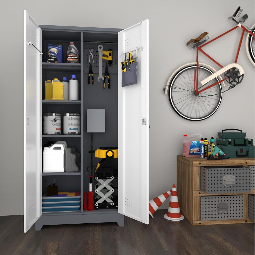 LUCYPAL Broom Storage Cabinet with Locking Doors and Shelves,Broom Closet Storage Cabinet with Hanging Rod and Hooks,Metal Garage Cabinets for Kitchen,Bathroom,Office 72.8' H White&Grey