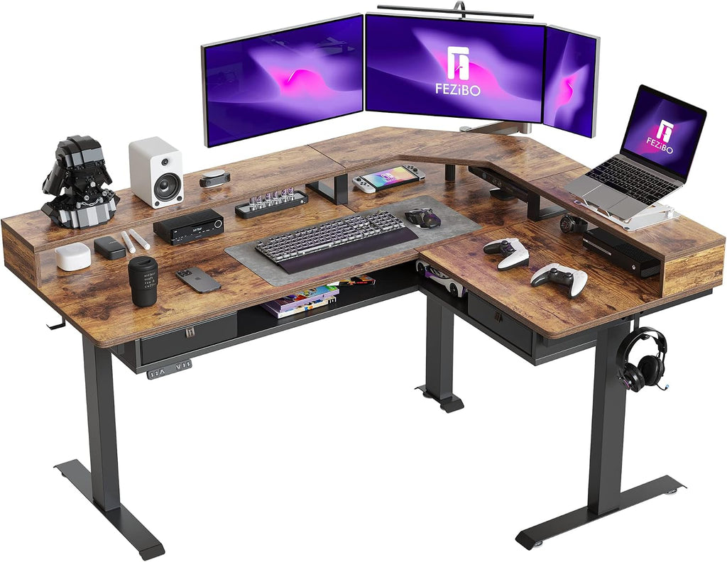 FEZIBO 63'x49' L Shaped Standing Desk with LED Strip & 2 Drawers, Upper and Lower Storage Shelves Available, Electric Height Adjustable, for Gaming, Office, Rustic Brown（2 Packages）