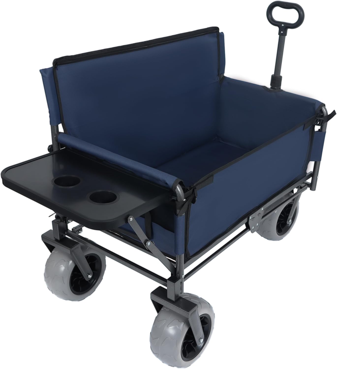 3-in-1 Folding Wagon with Bench Seat – 500lbs Capacity,Reinforced Carbon Steel Frame, 180L Cargo Space– Perfect for Camping, Beach, Outdoor Events & Heavy-Duty Hauling (Blue + Cup Holder)