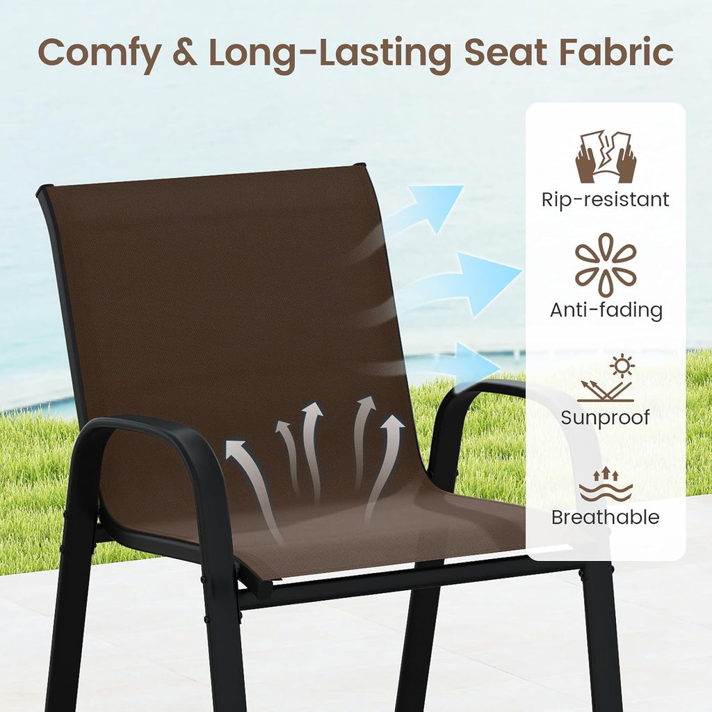 Tangkula 3 Piece Outdoor Bar Set, Patio Bar Height Table & Armchairs with Footrest, Wood Plastic Tabletop & 2-Tier Shelf, Heavy-Duty Metal Barstools & Table Furniture for Backyard, Poolside (Brown)