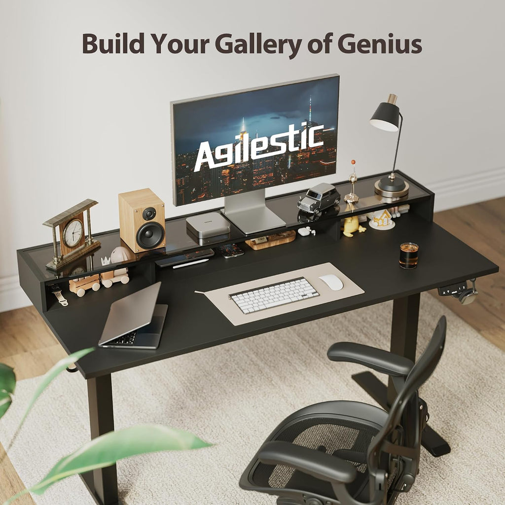 Agilestic 48 x 24 Inches Electric Standing Desk with Storage, Adjustable Height Sit and Stand Computer Table with Glass Shelf, Splice Board, Black