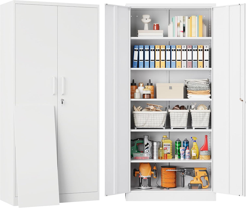White Metal Storage Cabinet with 2 Doors and 6 Shelves,71' Tall Metal Cabinet with Lock,Lockable Garage Storage Cabinets,Locking File Cabinet,Steel Tool Cabinets for Home,Office,Garage,Shop