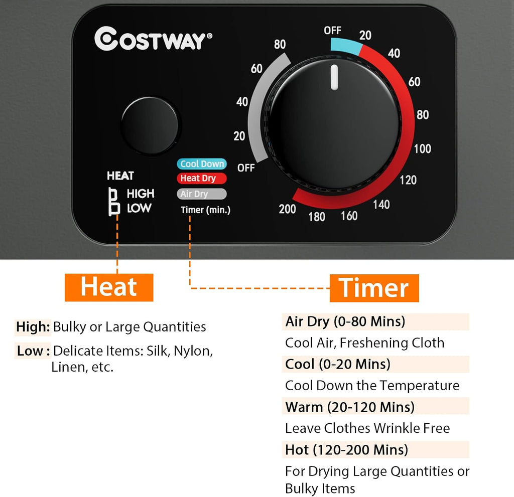 COSTWAY Compact Laundry Dryer, 110V Electric Portable Clothes Dryer with Stainless Steel Tub, Control Panel Downside Easy Control for 4 Automatic Drying Mode (Stainless Steel-Grey)