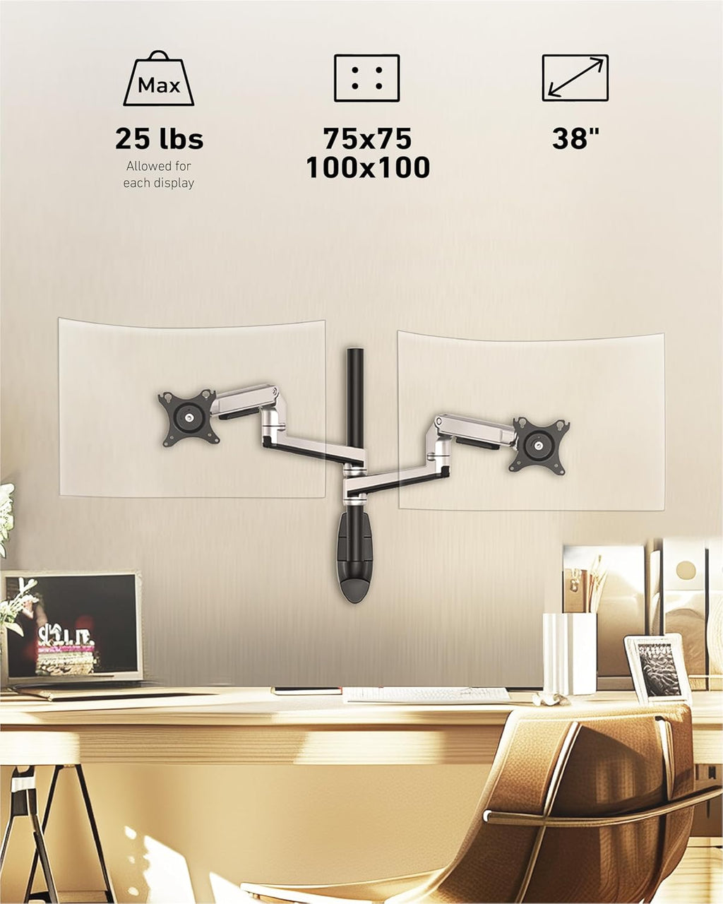 Ergounion Dual Monitor Wall Mount for Flat or Curved Screens up to 38' Within 25 lbs, Adjustable Monitor Arm with Cable Management, VESA 75x75/100x100mm Monitor Mount for 2 Monitors, Silver