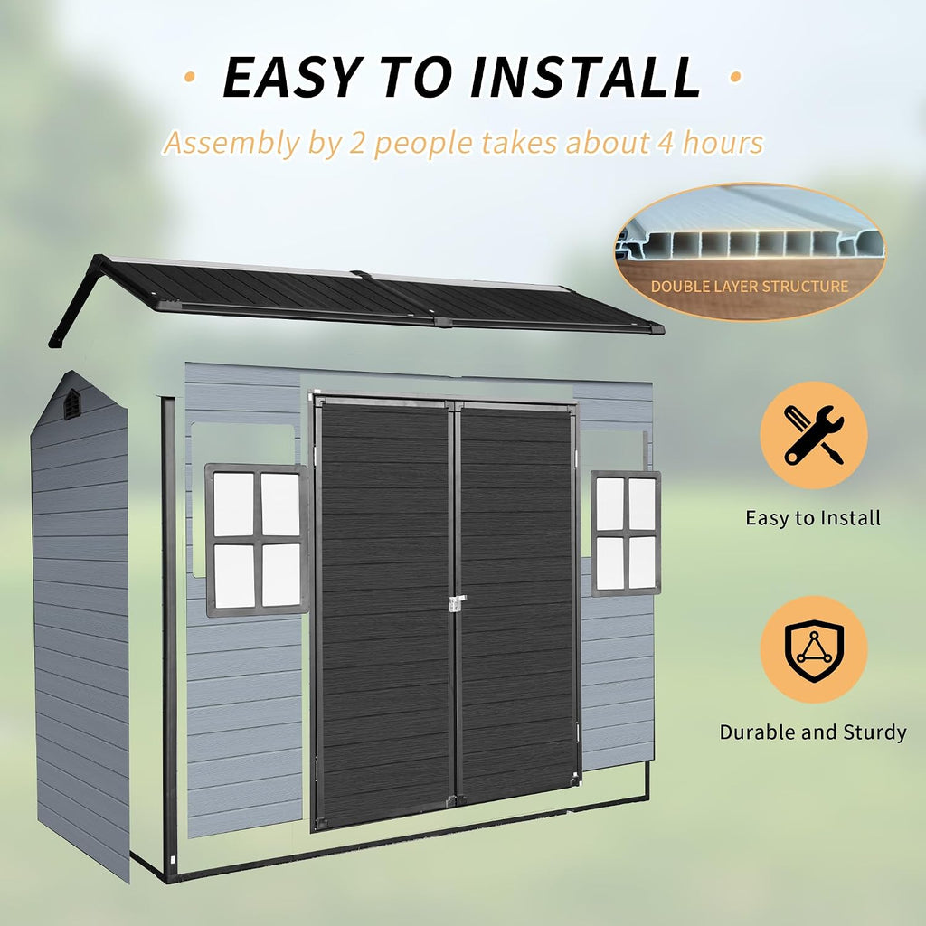 8x4FT Resin Storage Shed with Floor, Storage Shed with Floor Included, 2 Windows and Lockable Door Sheds for Garden Tools, Bike