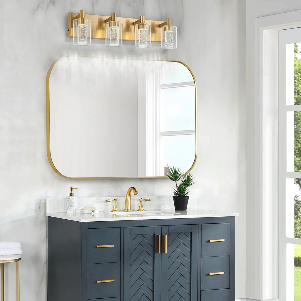 SineRise Vanity Light with 3 Color Modes (3000K/4000K/6000K), Eye Protection LED Bathroom Light Fixture, Dimmable Modern Wall Light Over Mirror with Clear Glass Shade (Gold, 4-Light)