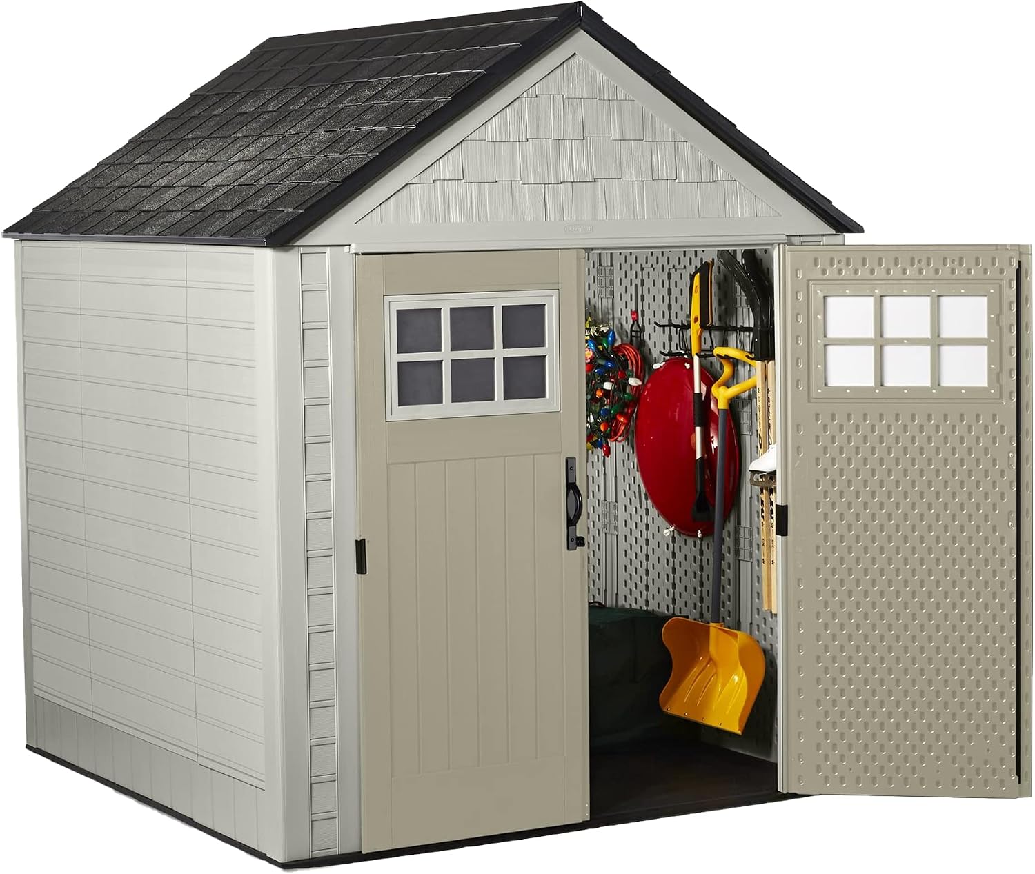 Rubbermaid 7 by 7 Feet Durable Weatherproof Plastic Outdoor Storage Shed for Garden Tool and Lawn Machinery Organization, Sandstone, 2 Pack