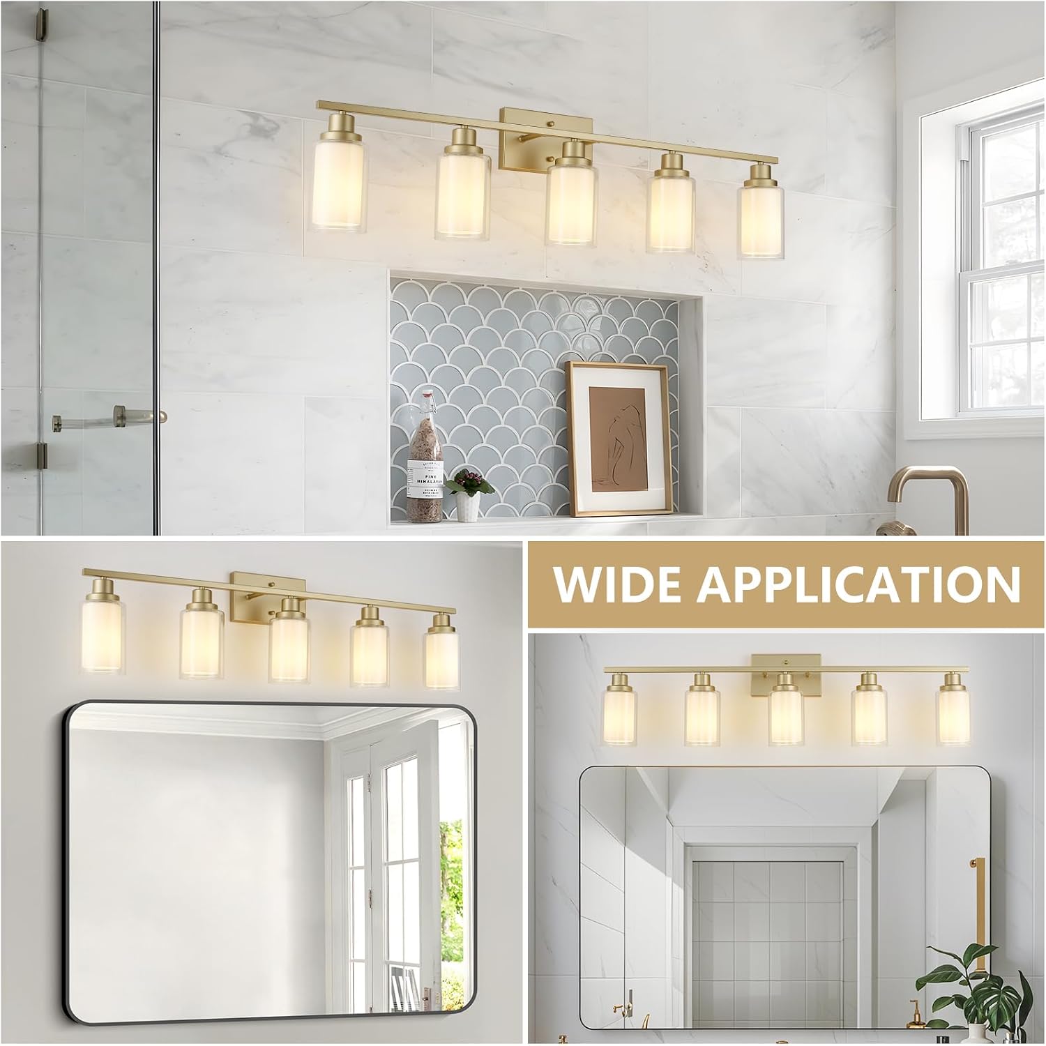 Jonsi Bathroom Vanity Light 5-Light Gold Vanity Lights 40' Bathroom Light Fixtures Over Mirror with Double Clear Glass Modern Wall Sconces for Living Room Hallway Bedroom