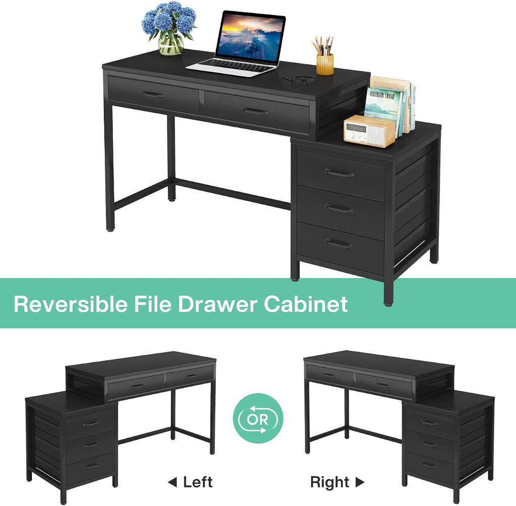Tribesigns Computer Desk with 5 Drawers, Home Office Desks with Reversible Drawer Cabinet Printer Stand, Industrial PC Desk with Storage, Rustic Study Writing Table Workstation for Small Spaces, Black