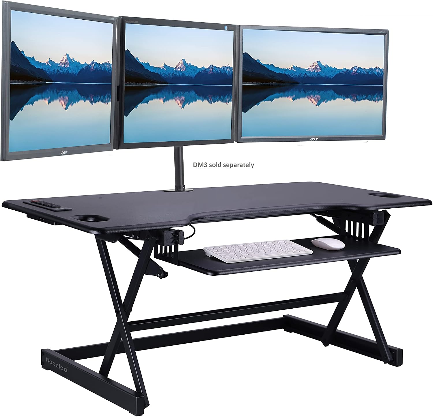 Rocelco 46' Height Adjustable Standing Desk Converter with AC USB Charger and Anti Fatigue Floor Mat - Sit Stand Up Triple Screen Riser Workstation - Keyboard Tray - Black (R DADRB-46-ACUSB-MAFM)