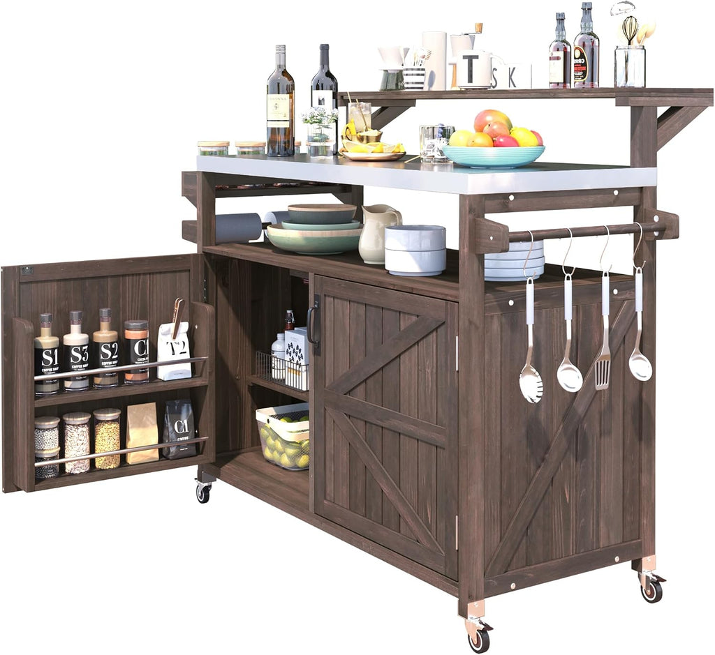 Harper & Bright Designs Grill Cart with Storage Cabinet, Outdoor Kitchen Island with Stainless Steel Top & Raised Shelf, Rolling Grill Cart with Spice Rack & Adjustable Shelf,Brown