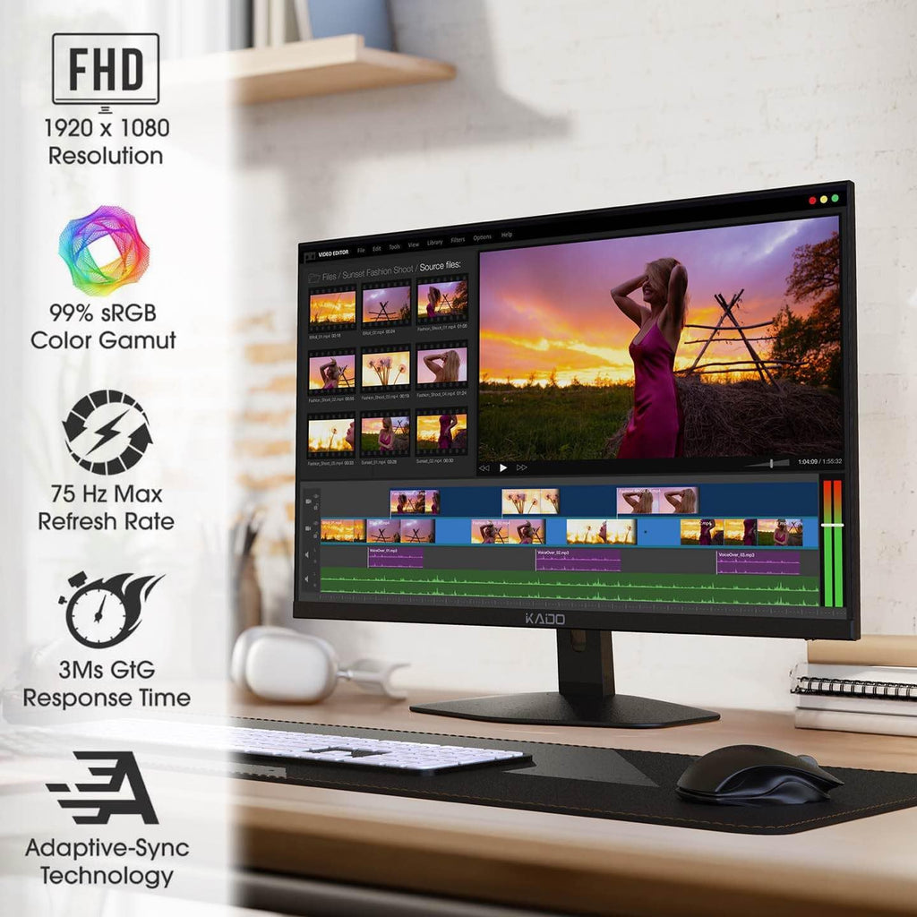Kado Triple Monitor Setup - 3-Pack 27' 1920x1080 Computer Monitor 75Hz VESA Mount HDMI Office Gaming Hybrid Built-in Speakers (E27 Trio Series)