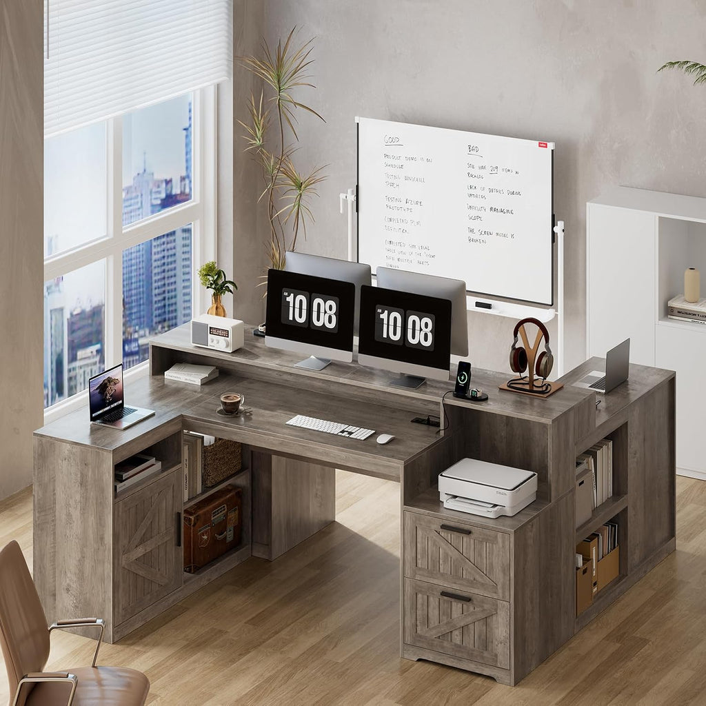 TVU Farmhouse L Shaped Desk with Drawers, 62.2' Home Office Desk with Storage Shelves and Power Outlet, L Shaped Computer Desk with Monitor Stand and Printer Shelf, Gray