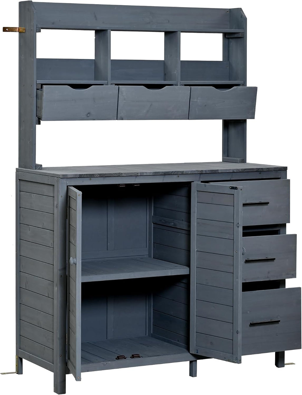 65' H Large Patio Potting Bench, Farmhouse Garden Workstation with 6 Drawers, Bottom Cabinet and Side Hook, Adjustable Shelf, Fir Wood Frame Outdoor Kitchen Island (Gray/101)