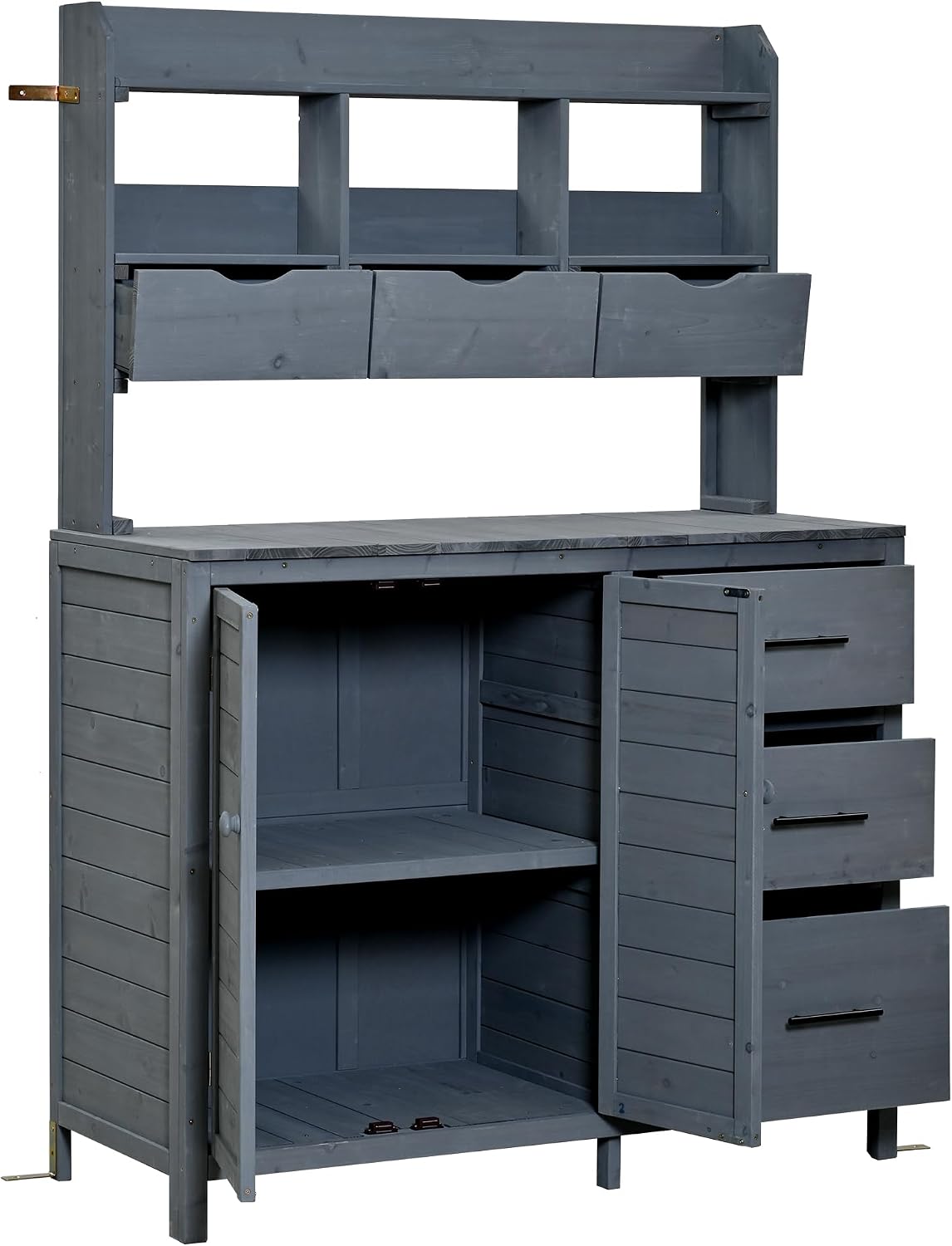 65' H Large Patio Potting Bench, Farmhouse Garden Workstation with 6 Drawers, Bottom Cabinet and Side Hook, Adjustable Shelf, Fir Wood Frame Outdoor Kitchen Island (Gray/101)